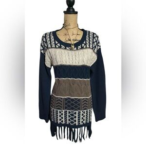 Romeo & Juliet Couture Navy, Cream & Brown Fringe Cable Knit Sweater